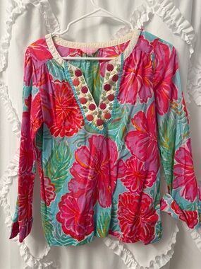 Bright Floral V-Neck Tunic Top - Pink & Aqua